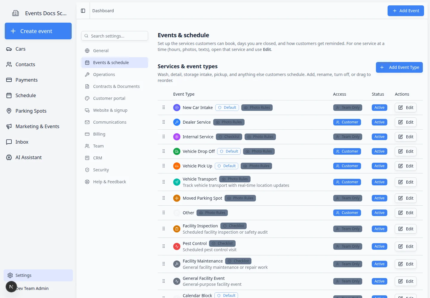 Events and schedule settings page showing services and event types, closed days, default texts and emails, reminders, photo rules, and bookable resources