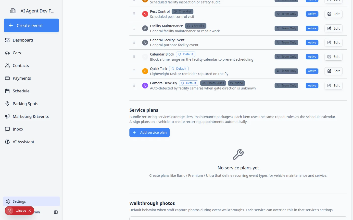 Events and schedule settings page scrolled to Service plans section with Add service plan button