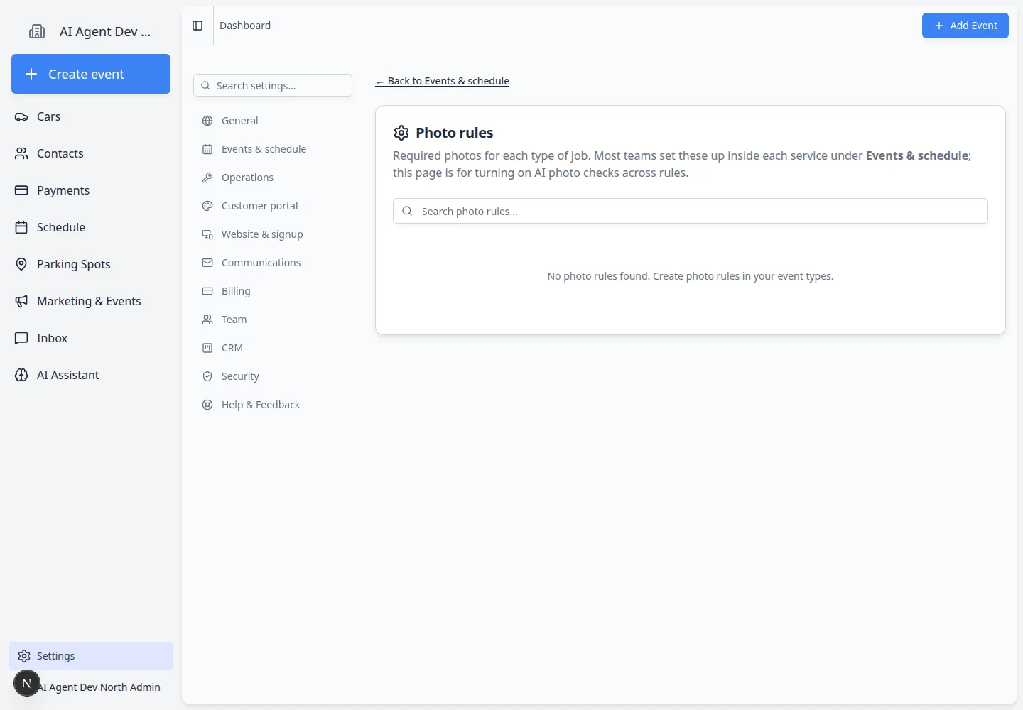 Photo rules page showing search, AI analysis status, extraction fields, and actions