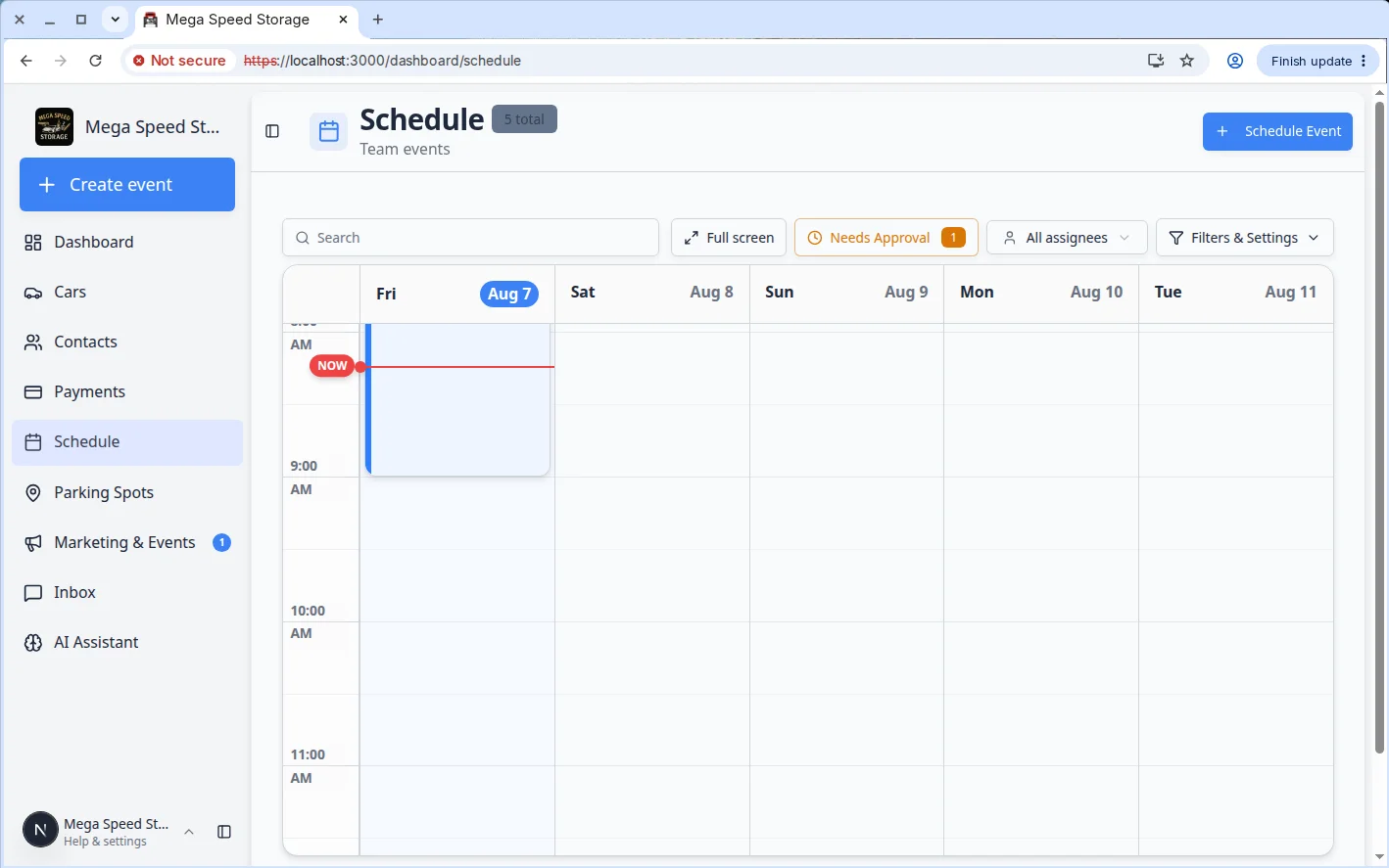 Schedule calendar with multiple colored appointment blocks showing how configured event types appear on the weekly view