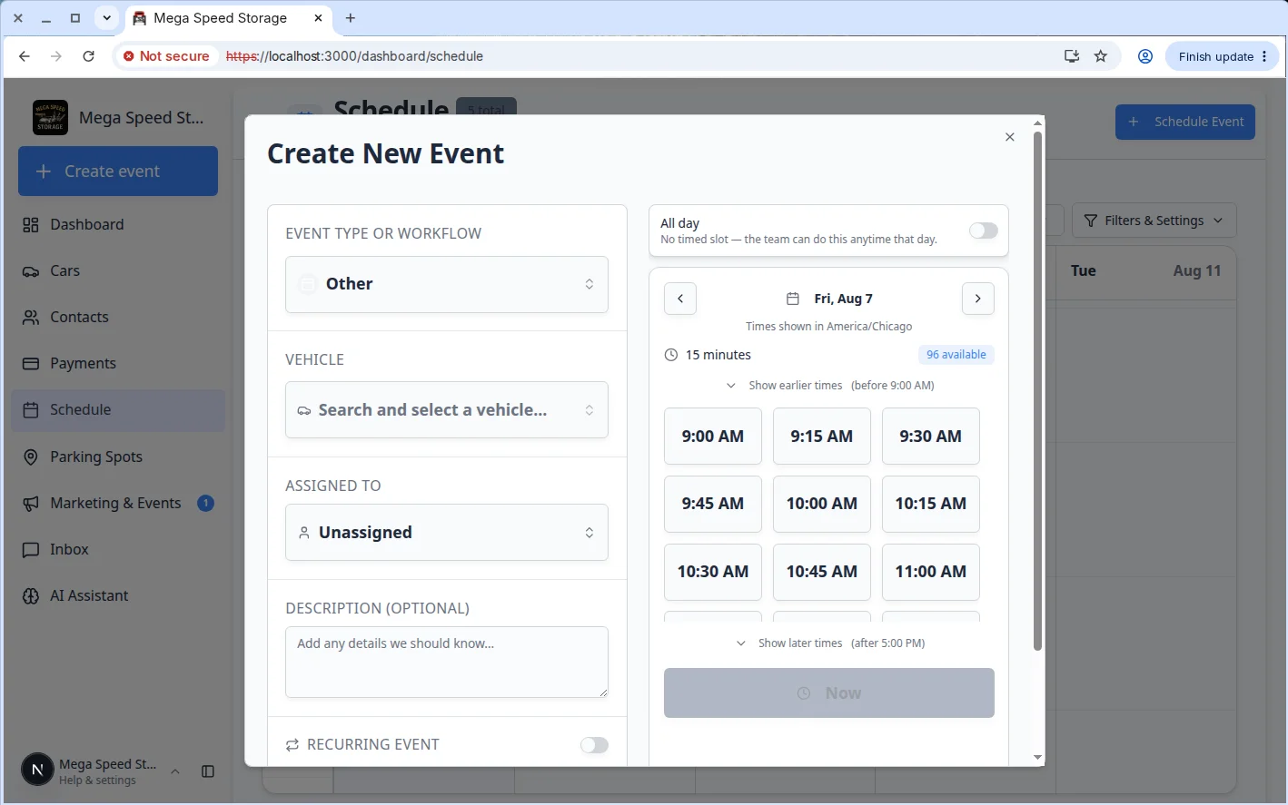 Create New Event dialog on Schedule showing event type, vehicle, date picker, and available time slots