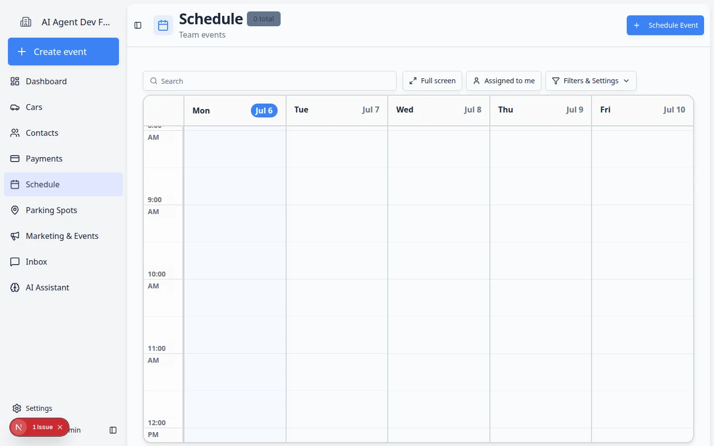 Schedule page with Needs Approval filter showing a pending customer booking request
