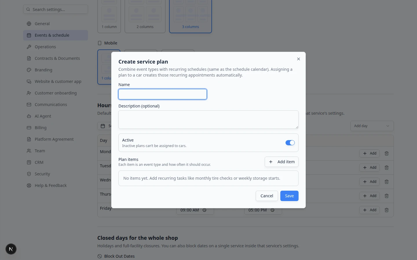 Create service plan dialog showing Name, Description, Active toggle, Plan items section, and Add item button