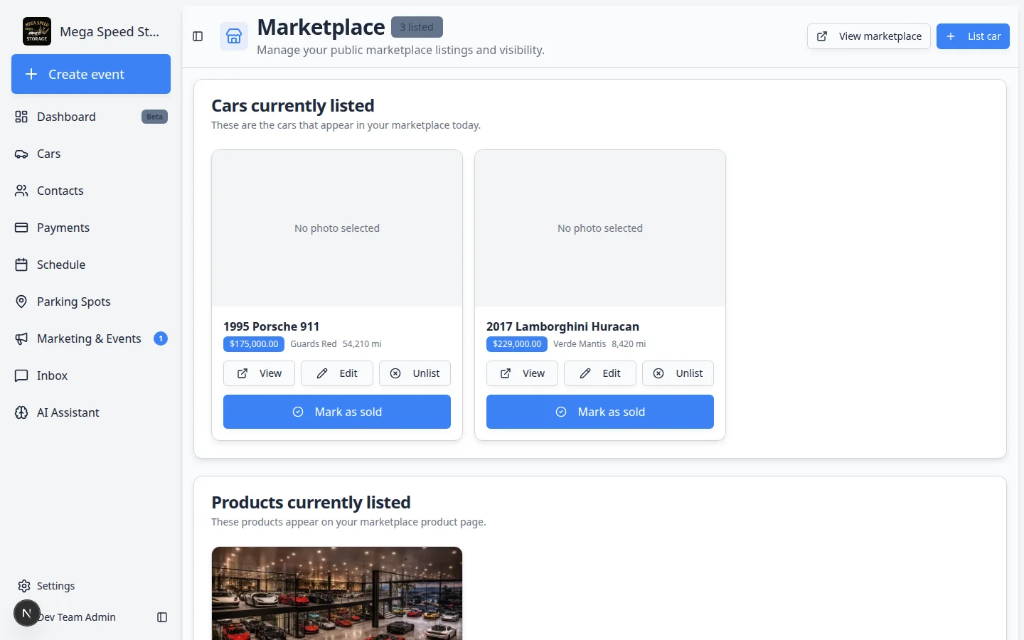 List car dialog on the Marketplace dashboard for publishing a vehicle to the public marketplace