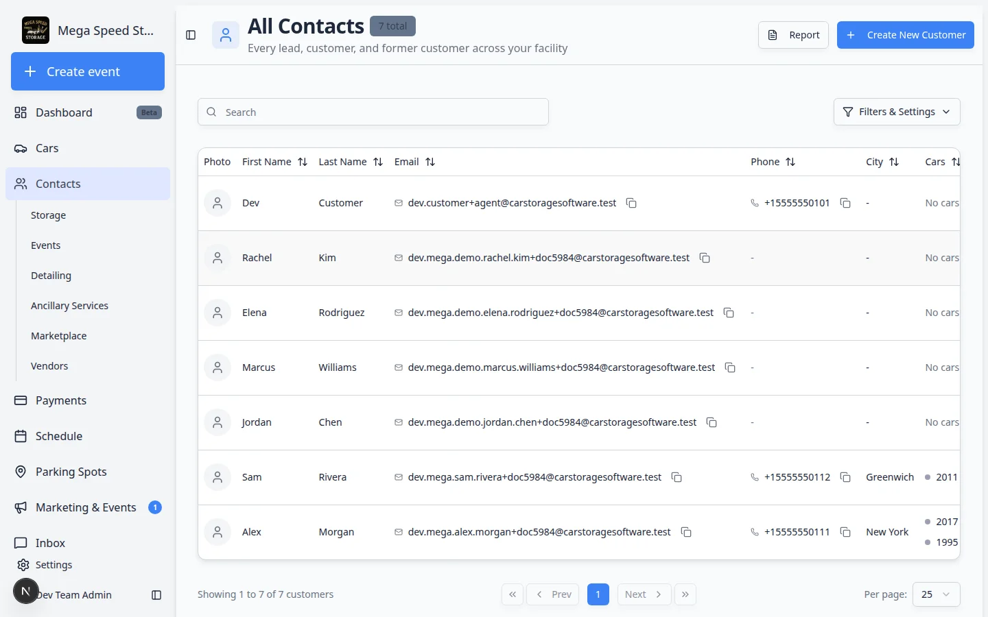 Contacts dashboard showing customer records that staff can search and open after a public registration request