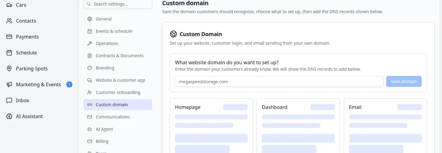 Custom domain settings showing Homepage, Dashboard, and Email setup cards