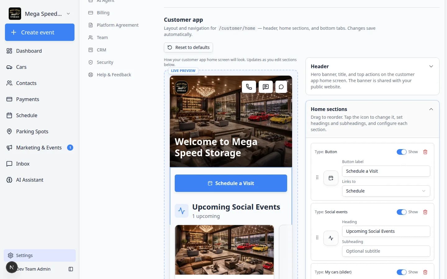 Customer app home sections list with visibility toggles and drag handles next to the phone preview