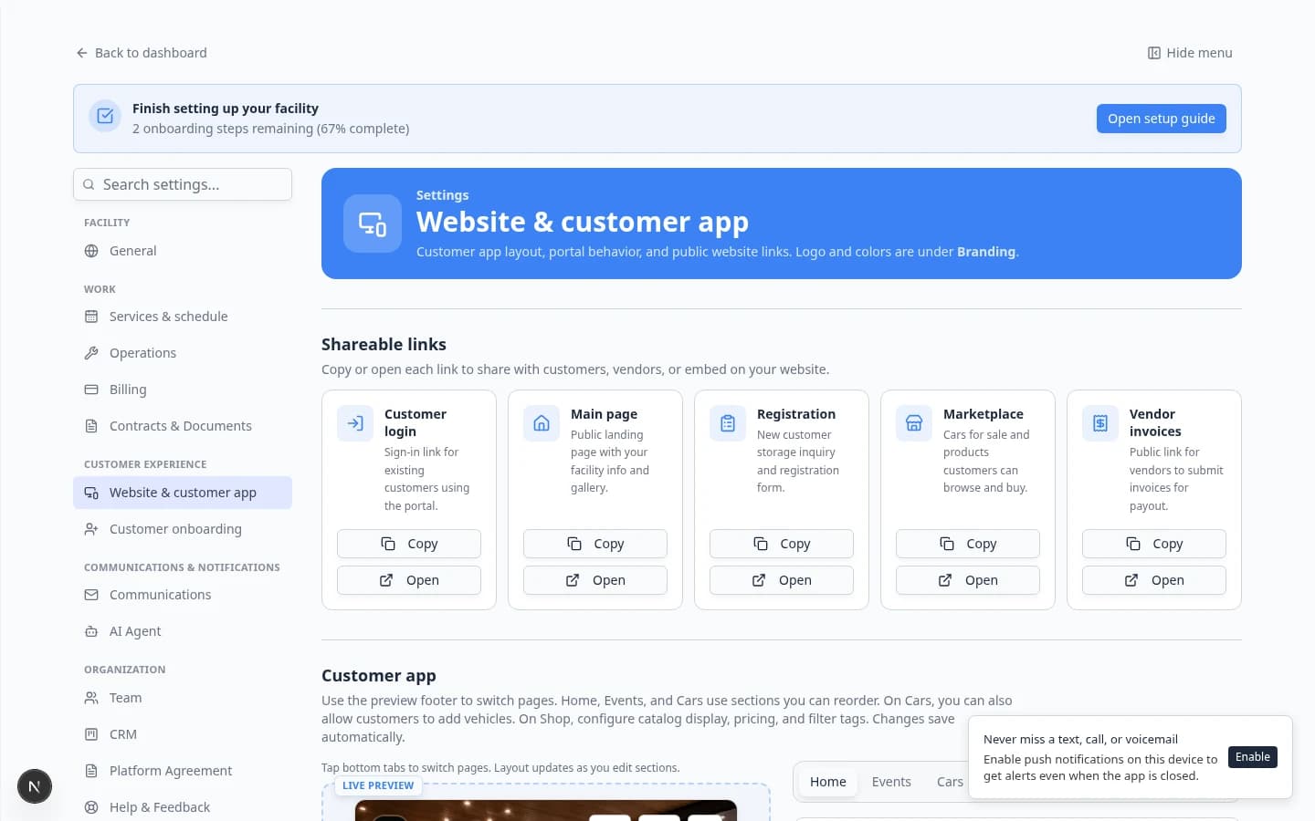 Customer app settings with phone preview