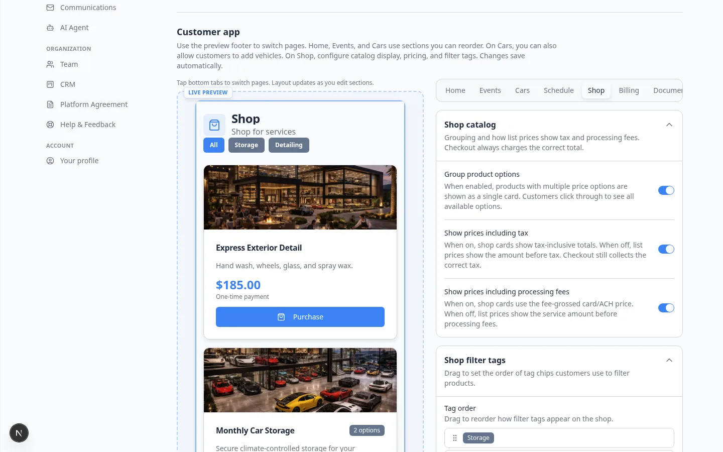 Shop catalog settings with Group product options, Show prices including tax, and Show prices including processing fees switches next to a Shop preview