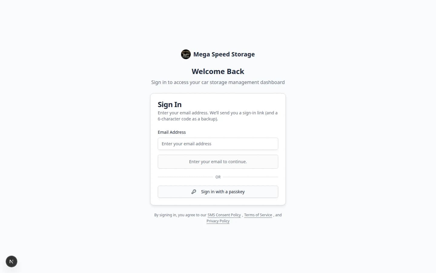 Customer sign-in page showing facility branding and a field to enter email address for portal access