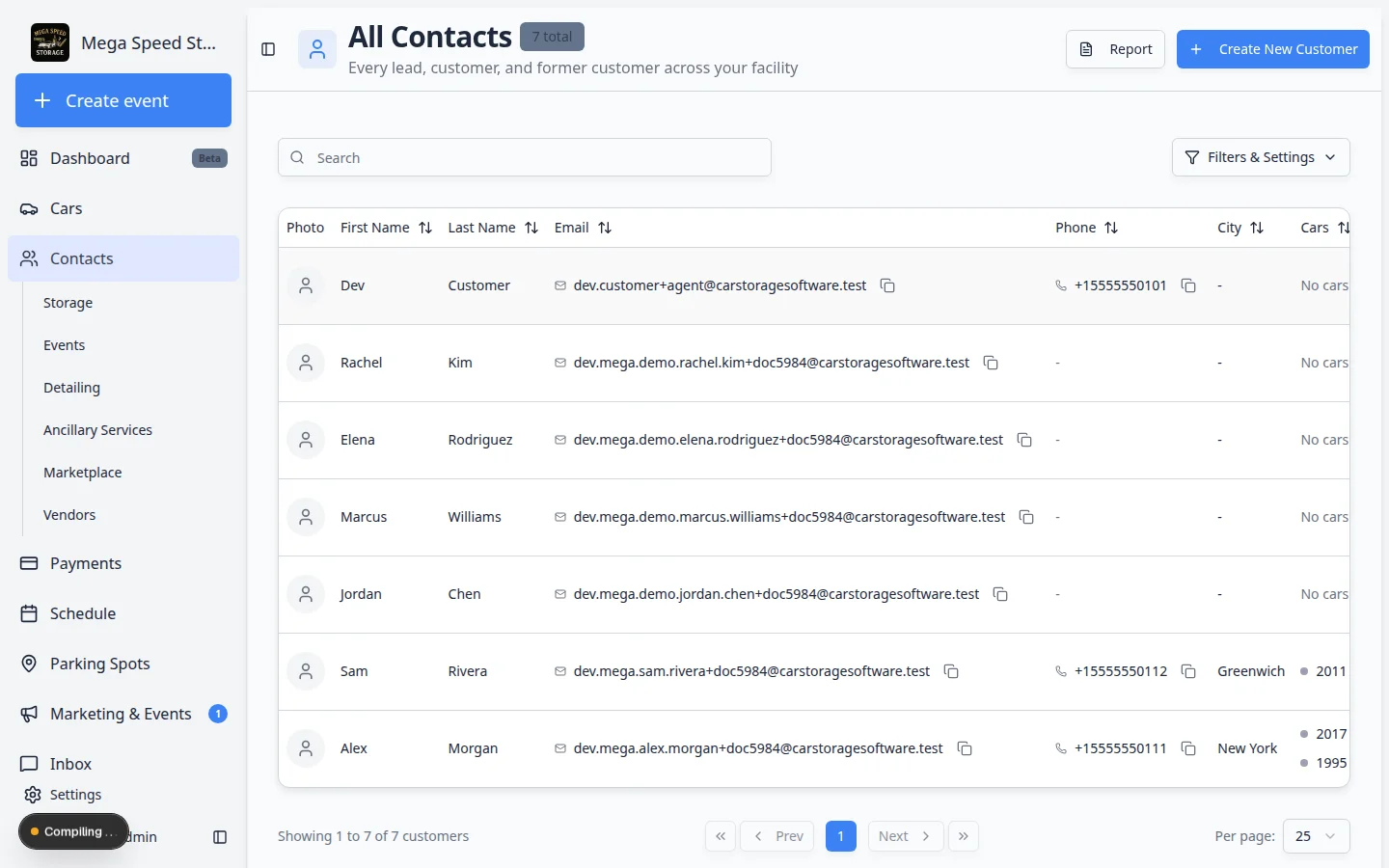 Customer record showing contact details, linked cars, notes, and staff actions for review