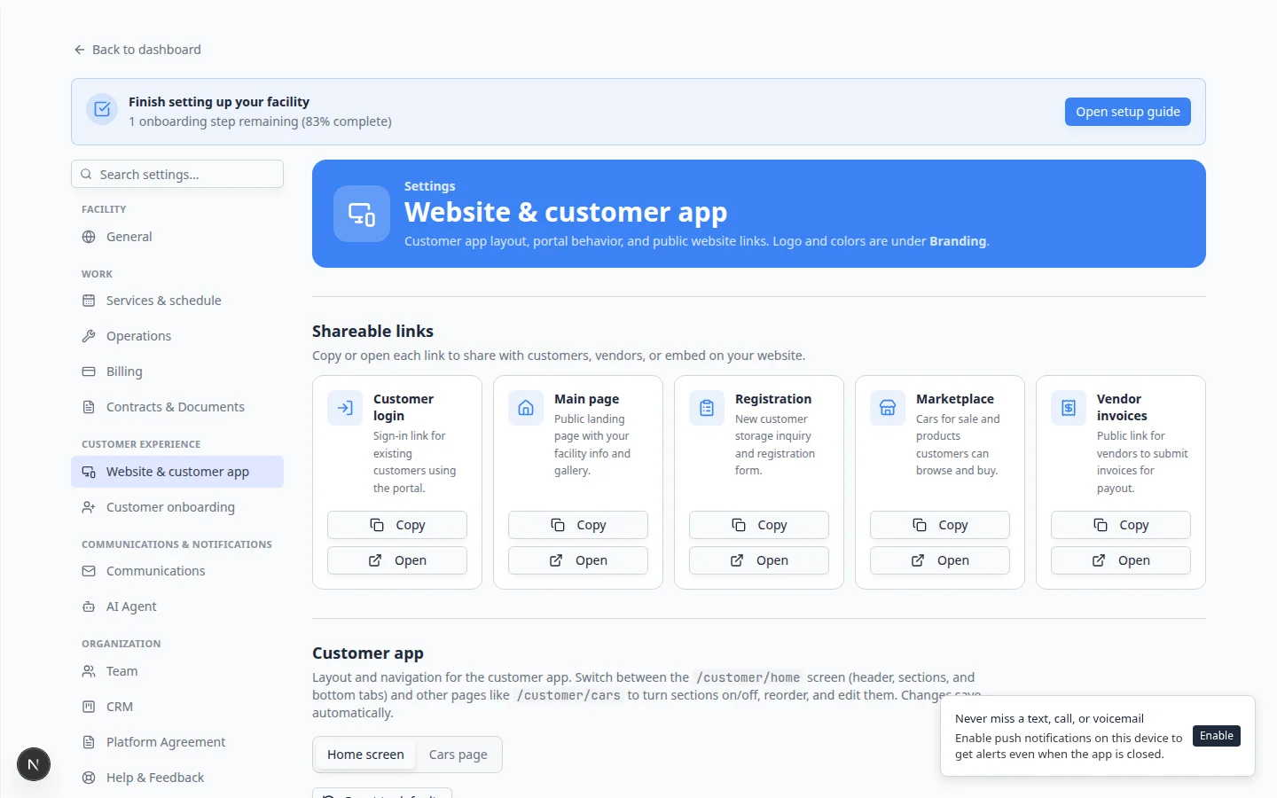 Page editor on Website settings showing Registration form section turned on among other public page sections