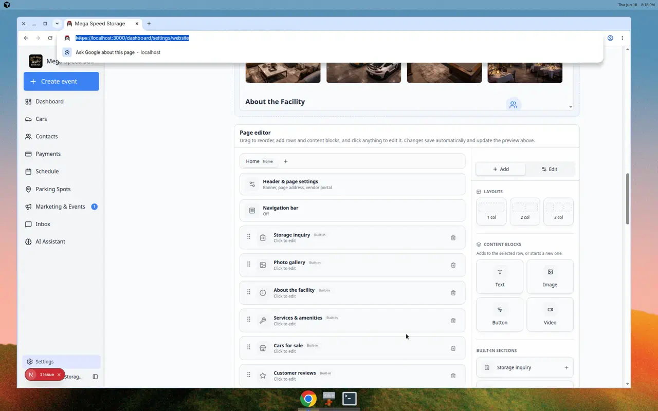 Page editor on Website settings showing draggable sections such as Storage inquiry, Photo gallery, About the facility, and Cars for sale
