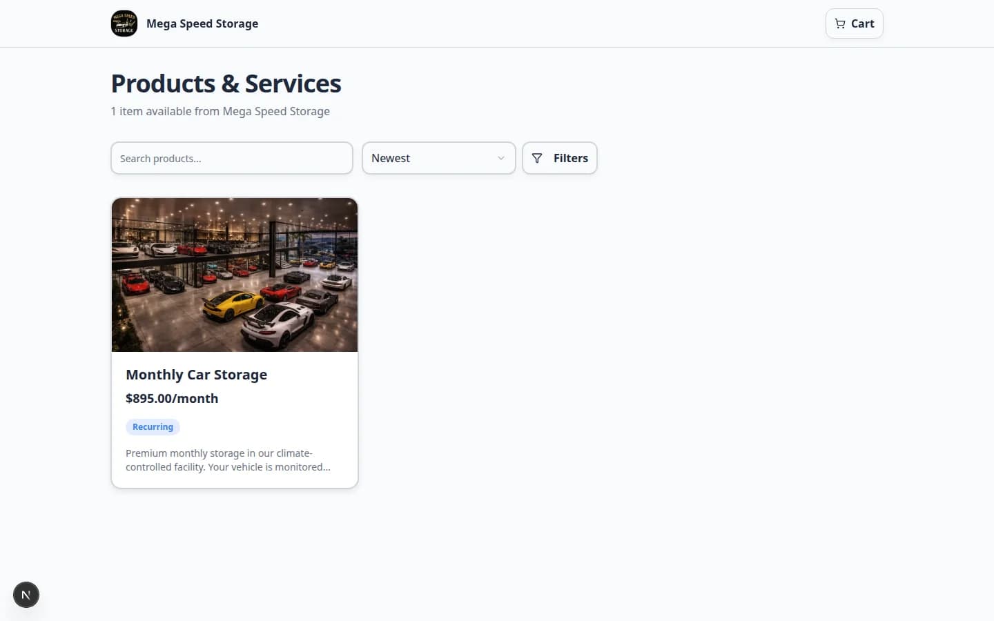 Public product marketplace listing storage plans with prices and short descriptions on a populated demo facility