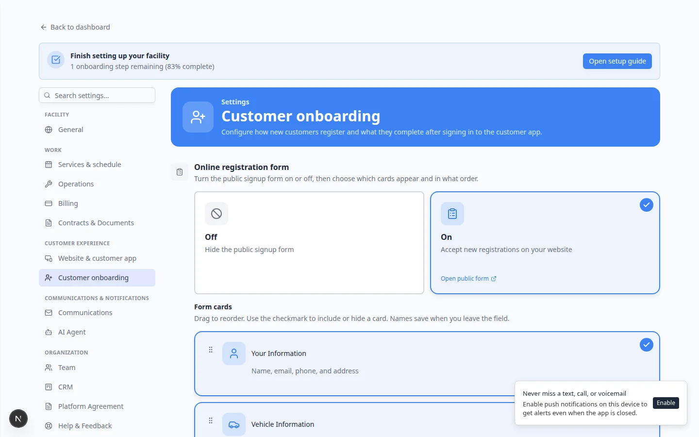Customer onboarding settings showing Online registration form enabled and Form Cards list