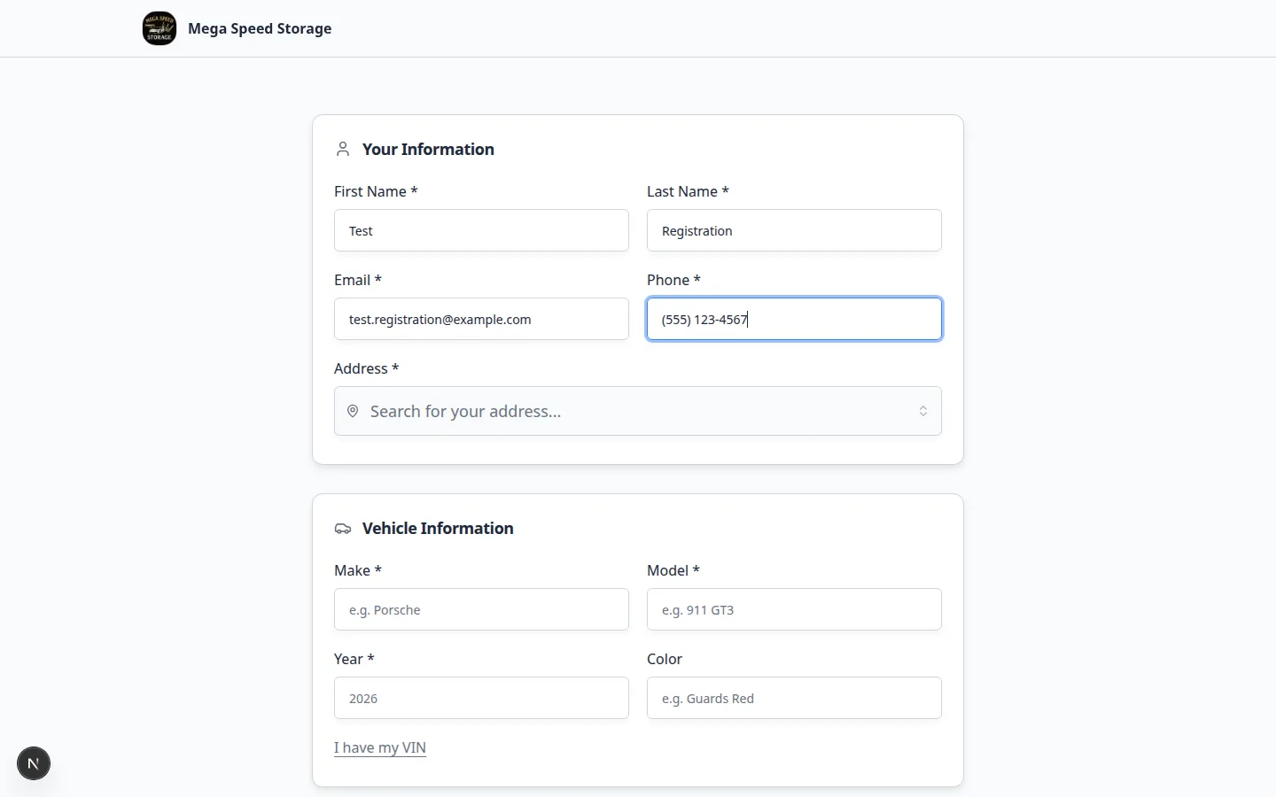 Public registration form partially filled with sample customer name and email before submit