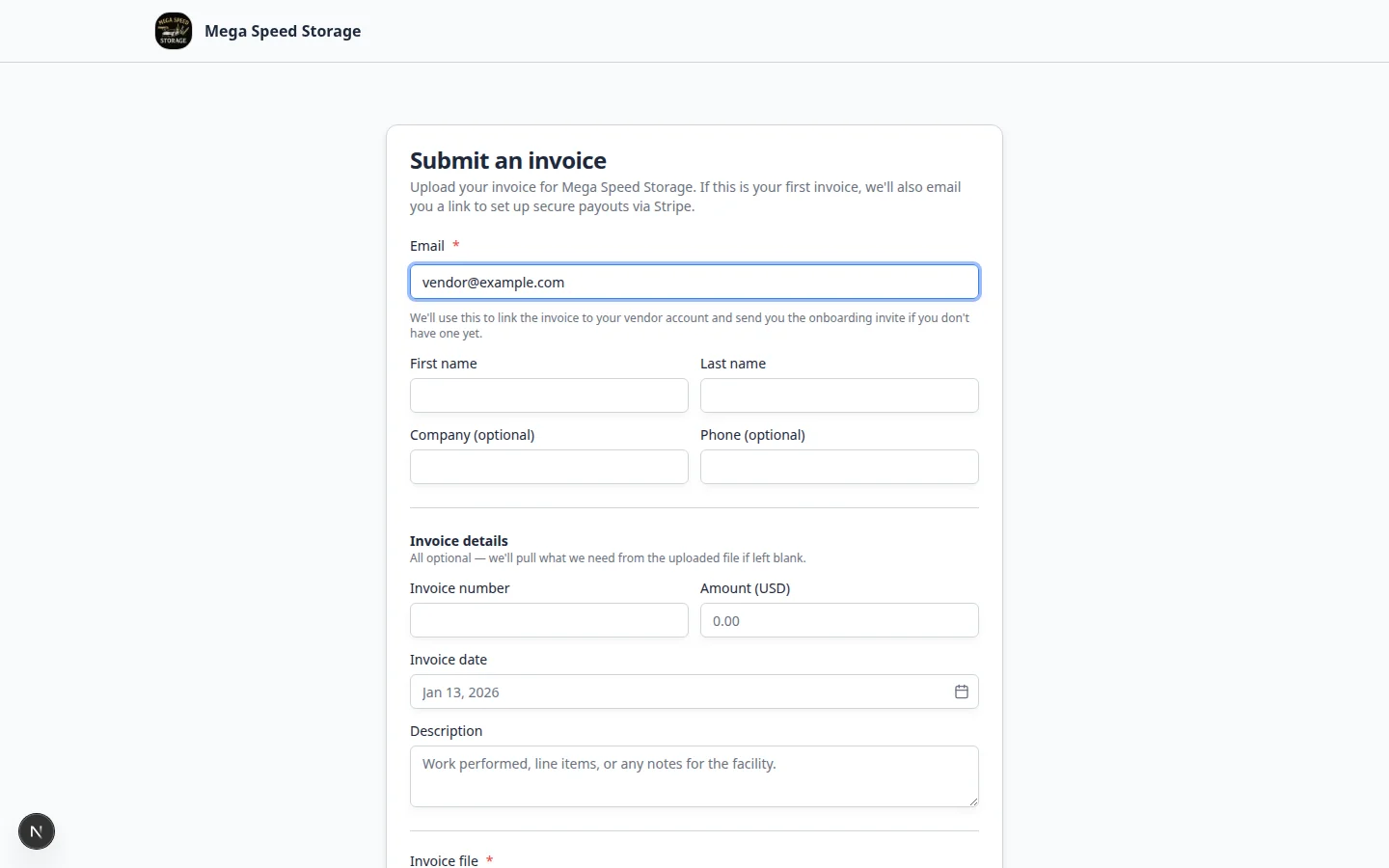 Vendor invoice form partially filled with name, email, invoice number, and amount before file upload