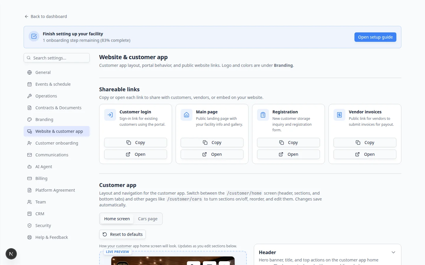 Website settings page scrolled to show Shareable links with Vendor invoices card visible after enabling the portal