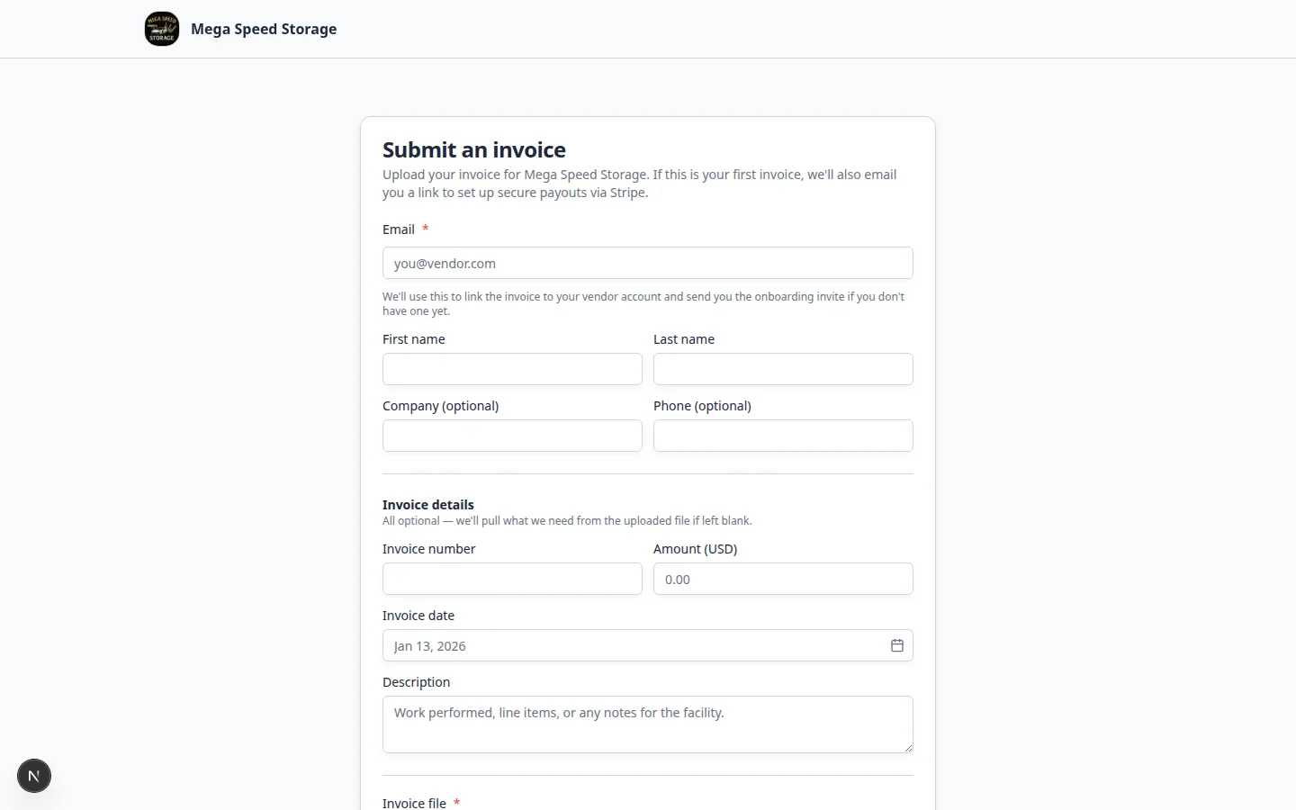 Public vendor invoice portal with fields for name, email, invoice number, amount, invoice date, description, and file upload