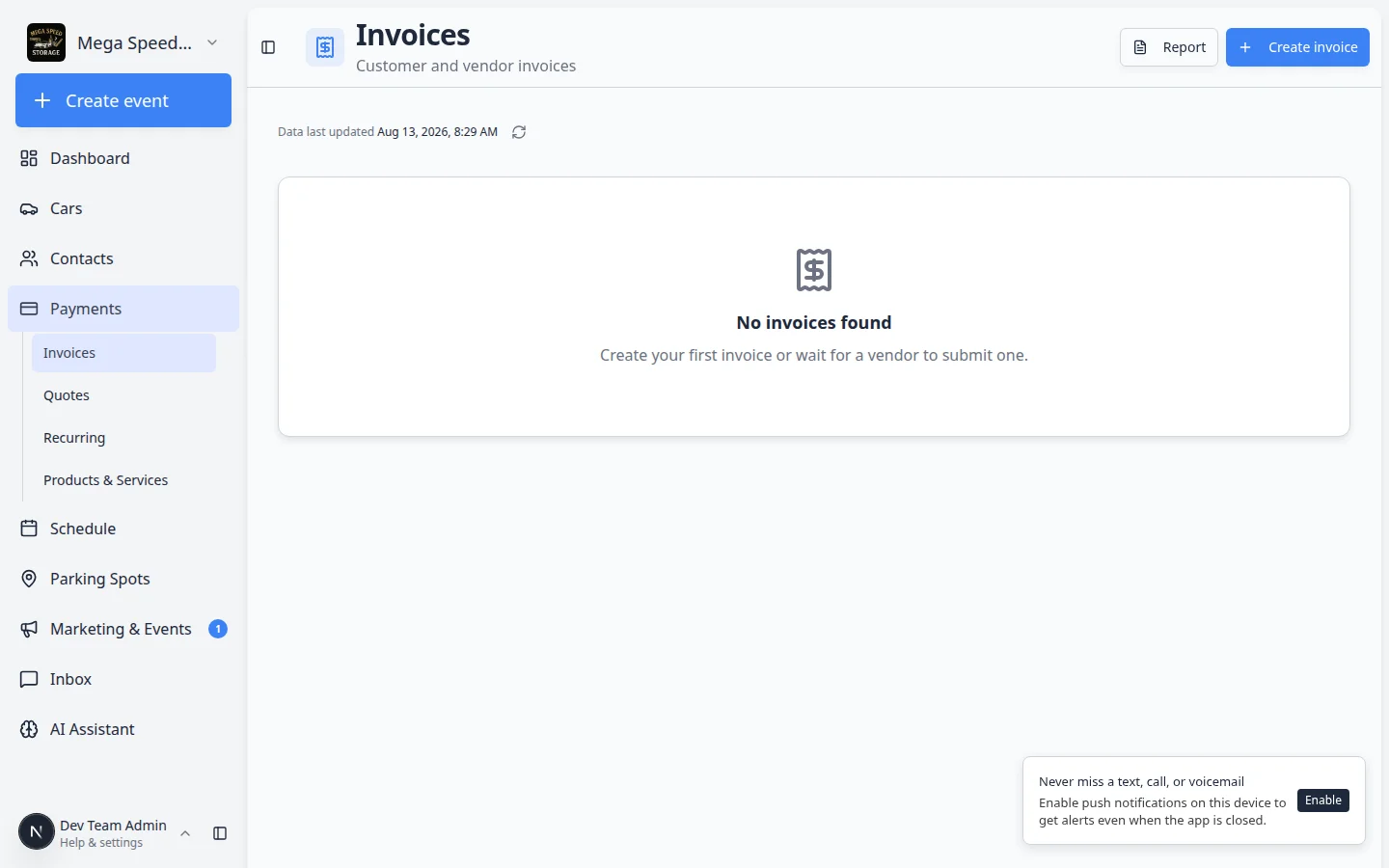 Payments Invoices page on the Vendor tab showing submitted vendor invoices with status and amounts