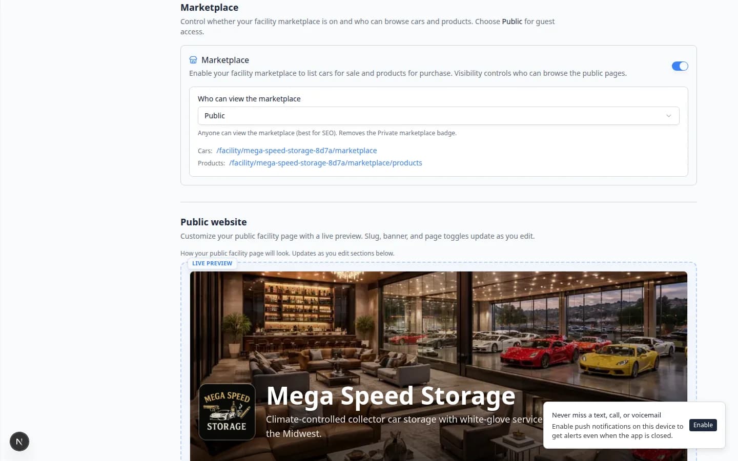 Marketplace section on Website settings showing visibility options between Customer app and Public website