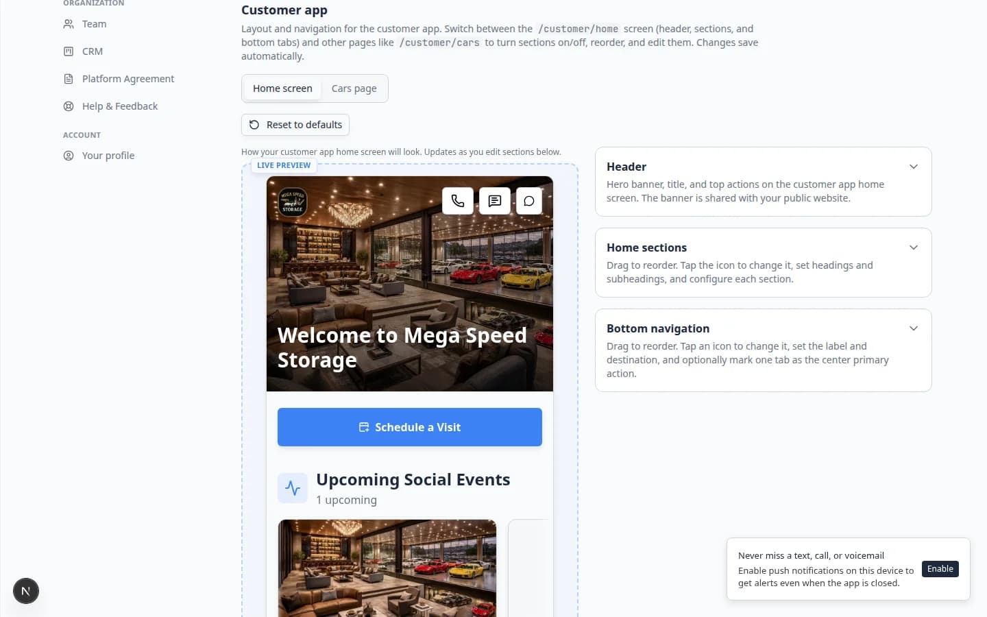 Customer app live preview on Website settings showing mobile home screen with facility gallery and upcoming events