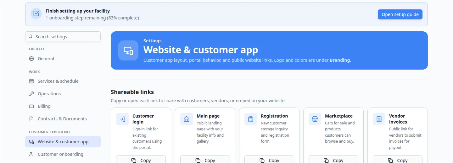 Shareable links section on Website and customer app settings showing Customer login, Main page, Registration, and Vendor invoices cards