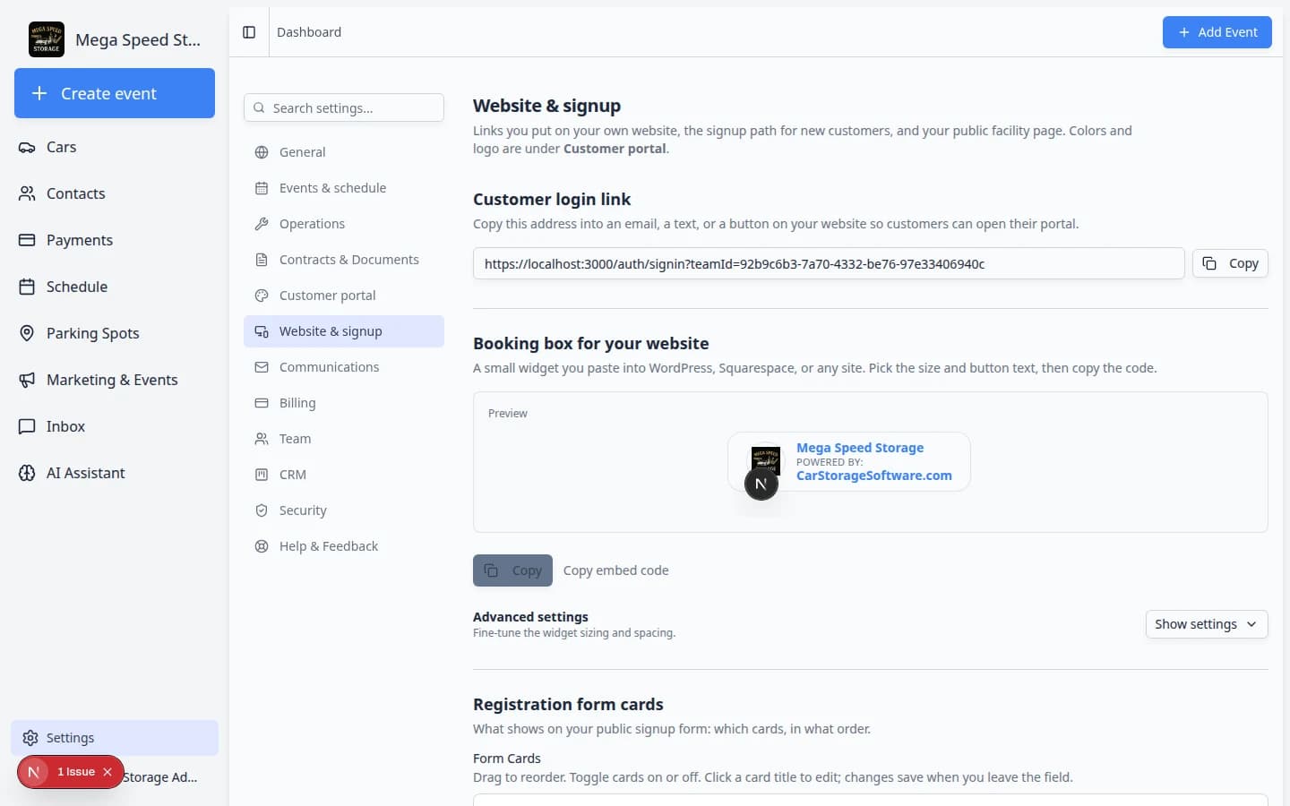 Website and signup settings showing customer login link at the top of the settings page