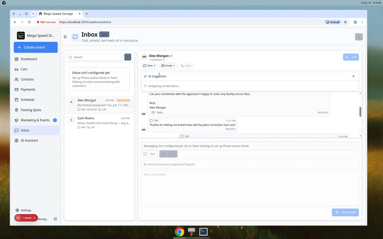 Inbox showing an AI Suggestion panel with a drafted customer reply and recommended action buttons