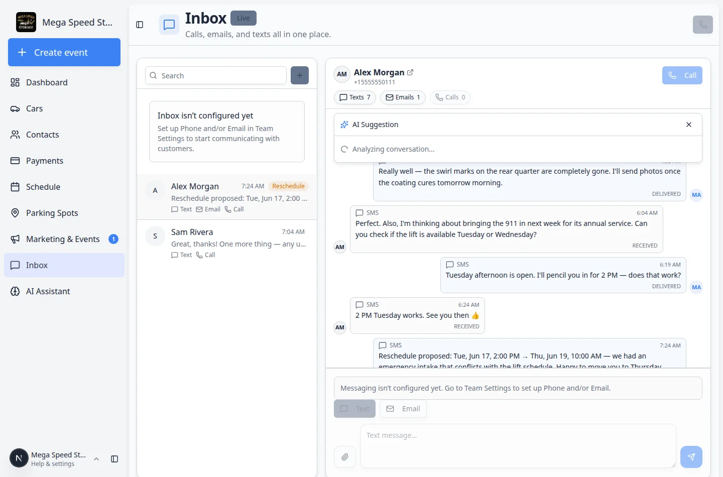 Inbox showing an AI Suggestion panel with a drafted customer reply and recommended action buttons
