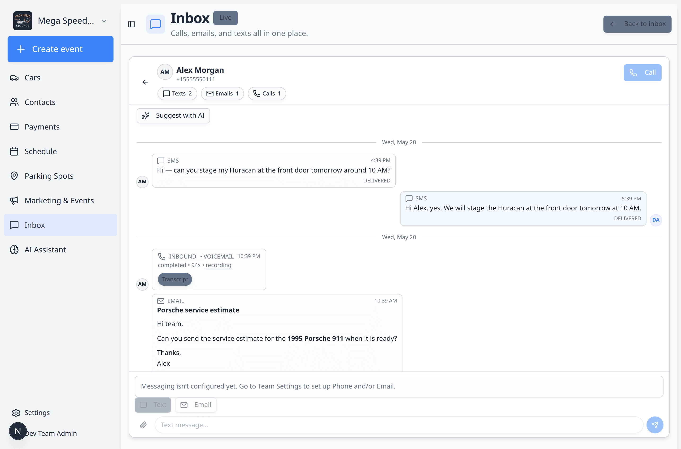 Inbox conversation filtered to Calls showing an inbound voicemail call with recording and transcript options