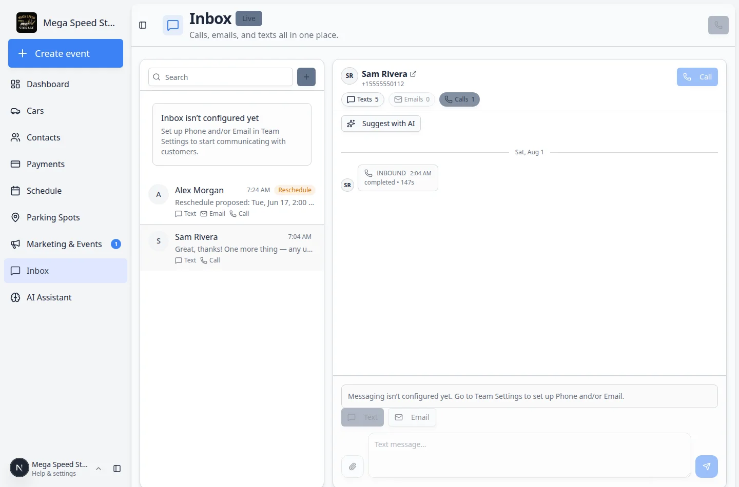 Inbox conversation filtered to Calls showing an inbound voicemail call with recording and transcript options