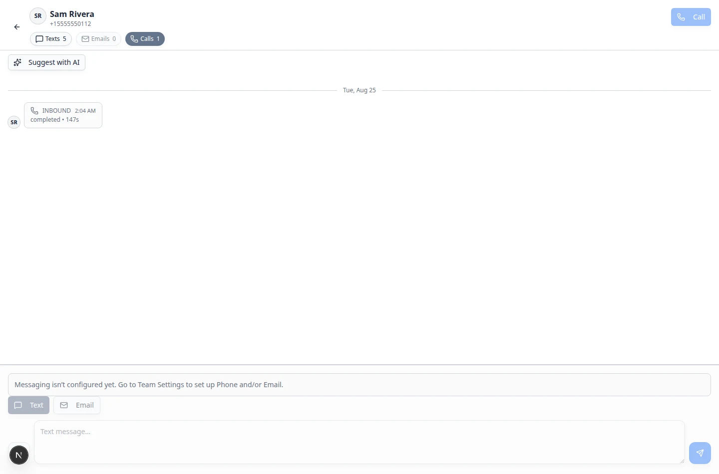 Inbox timeline filtered to Calls showing an inbound completed call entry