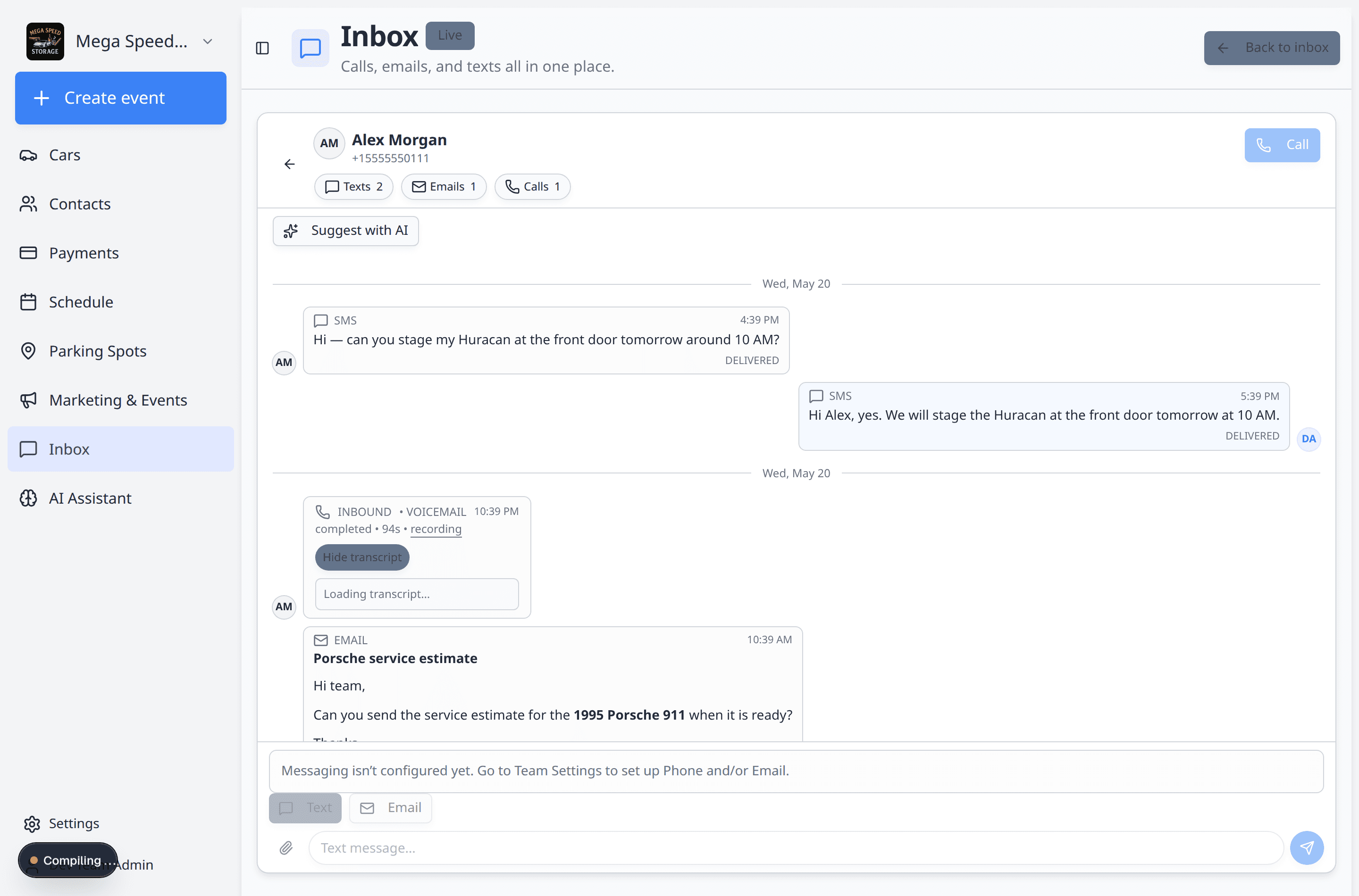 Inbox call entry with an open transcript summarizing a customer pickup staging request