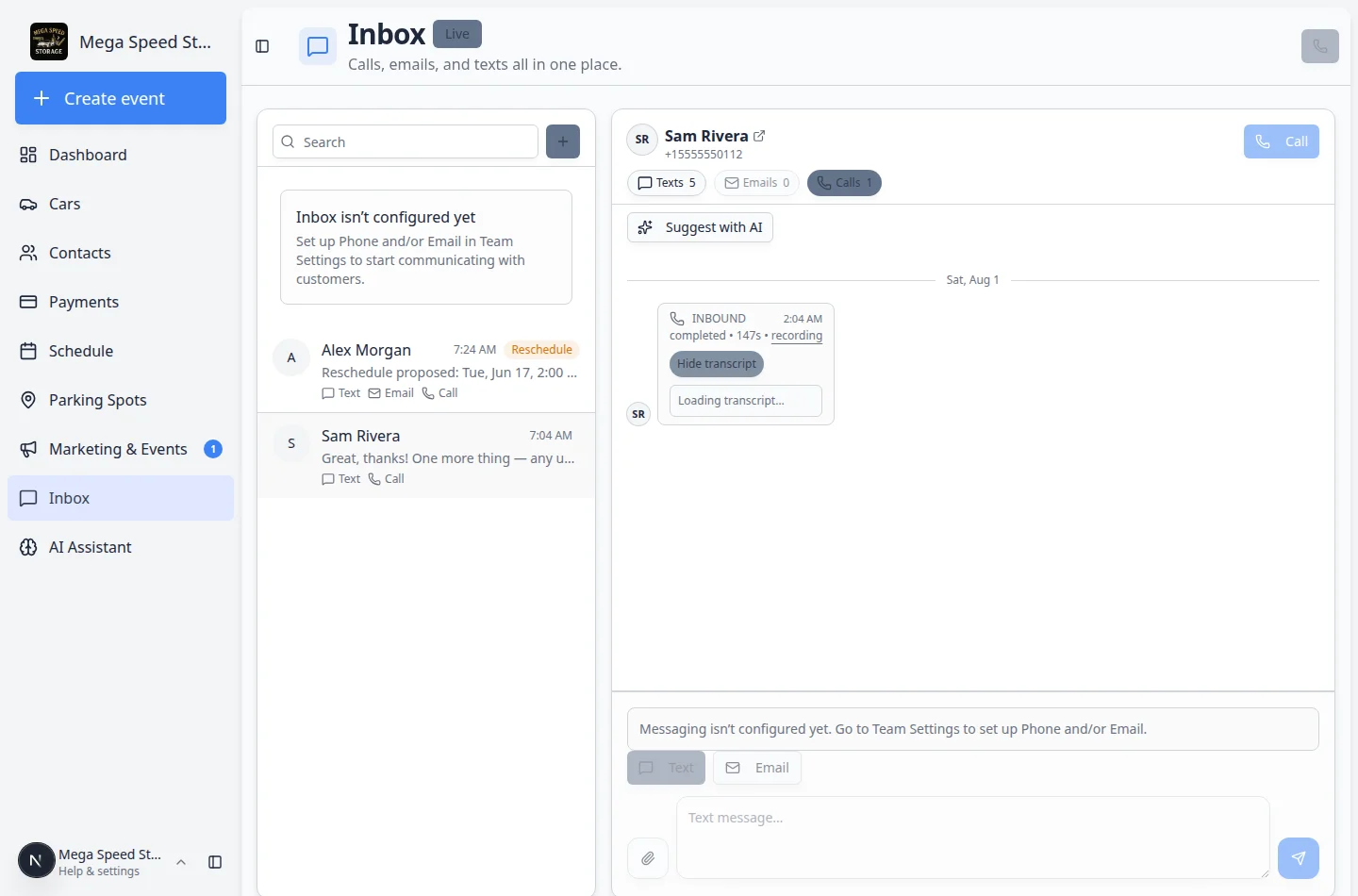 Inbox call entry with Transcript expanded showing a summary of the customer's pickup and service request