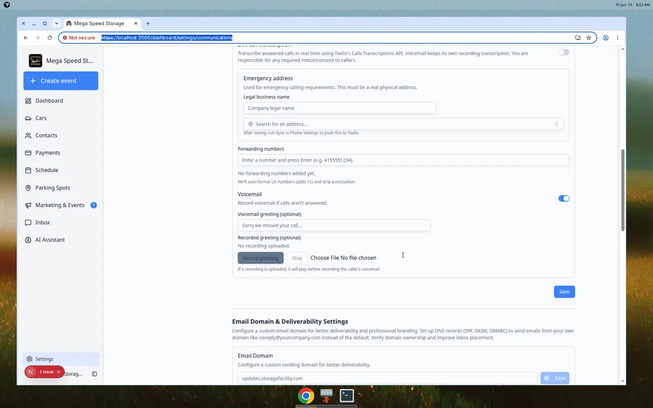 Communications settings focused on the Email Domain and Deliverability Settings section