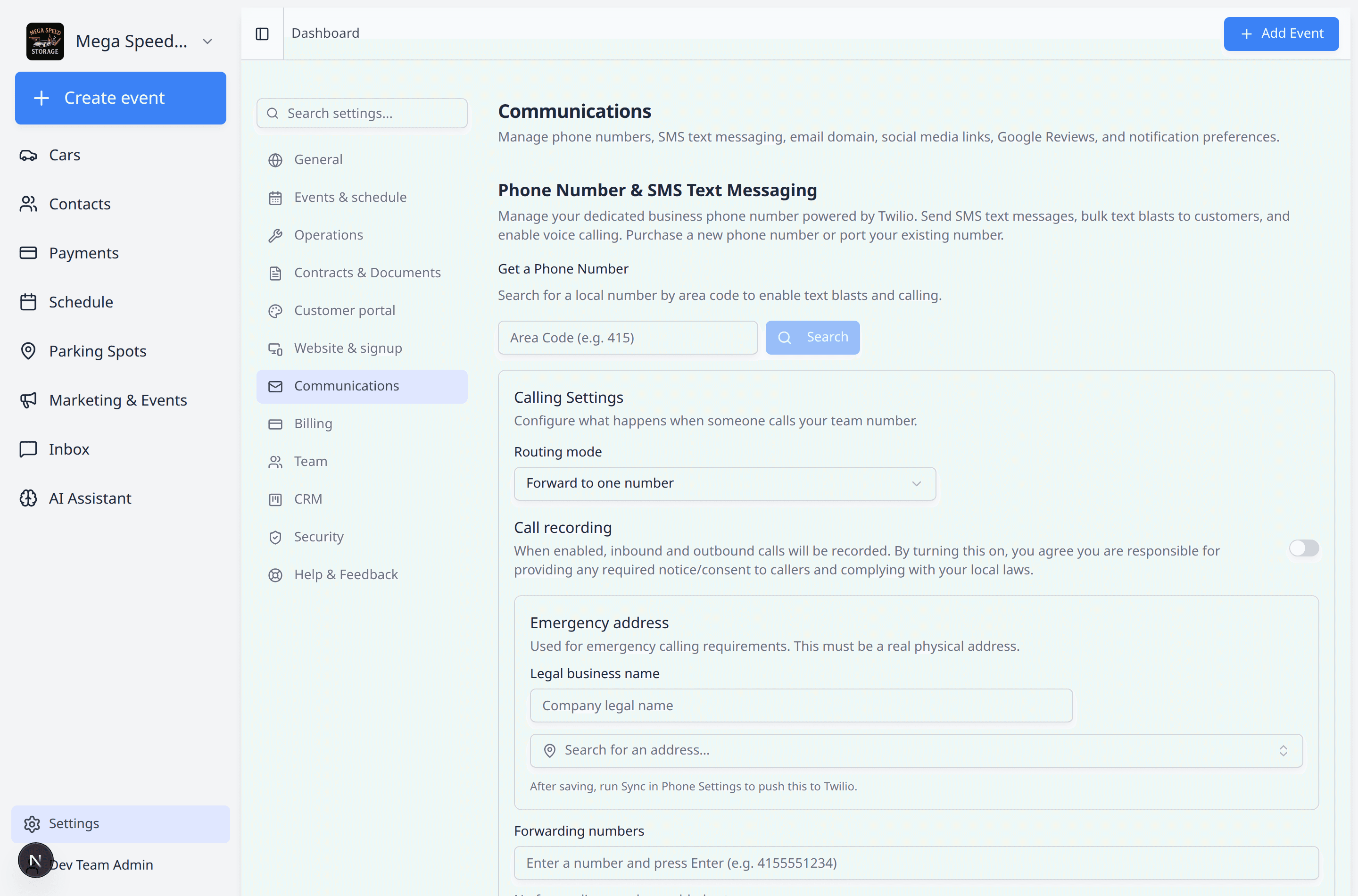 Communications settings focused on the Email Domain and Deliverability Settings section