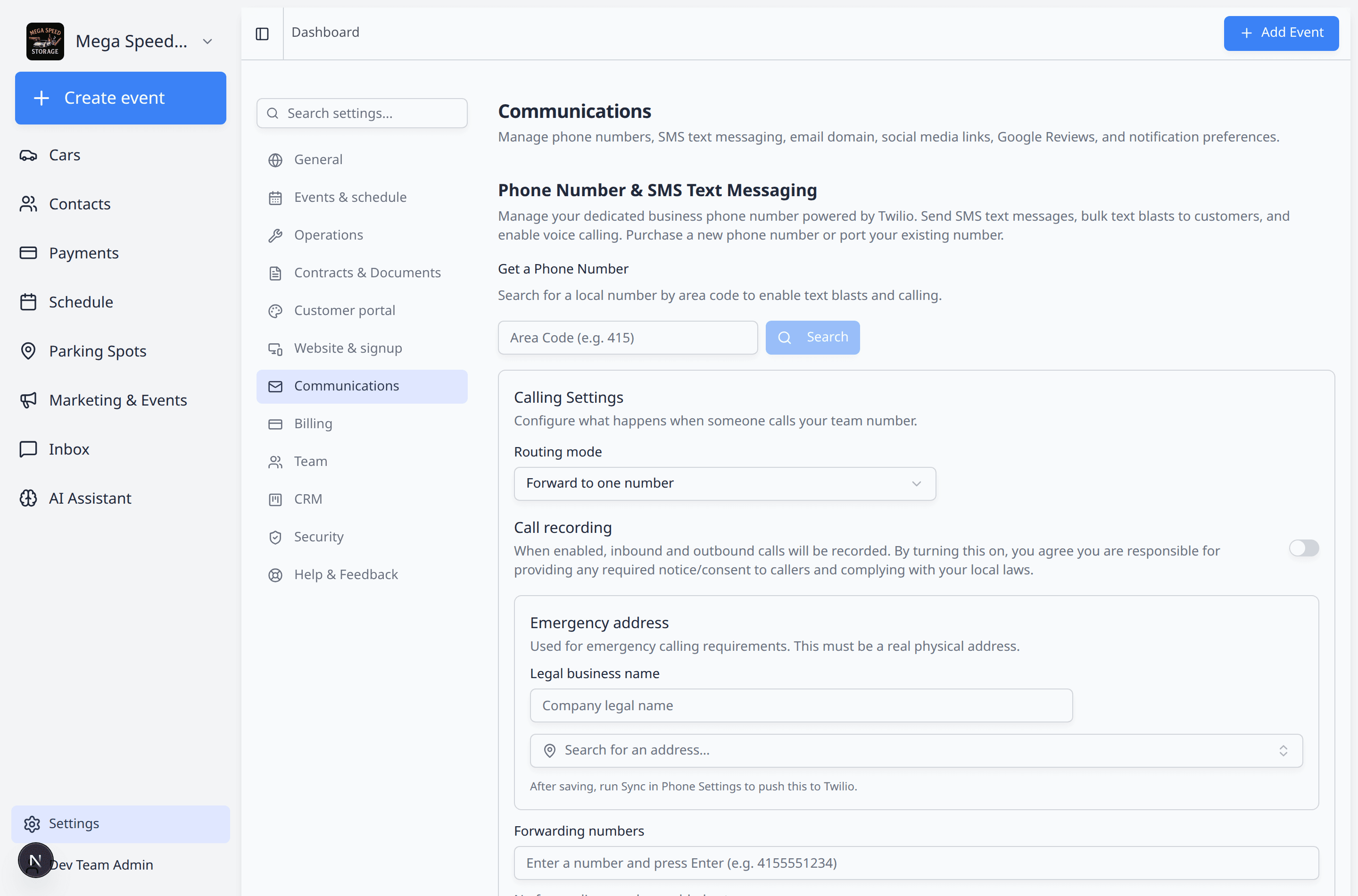 Communications settings focused on the Phone Number and SMS Text Messaging section