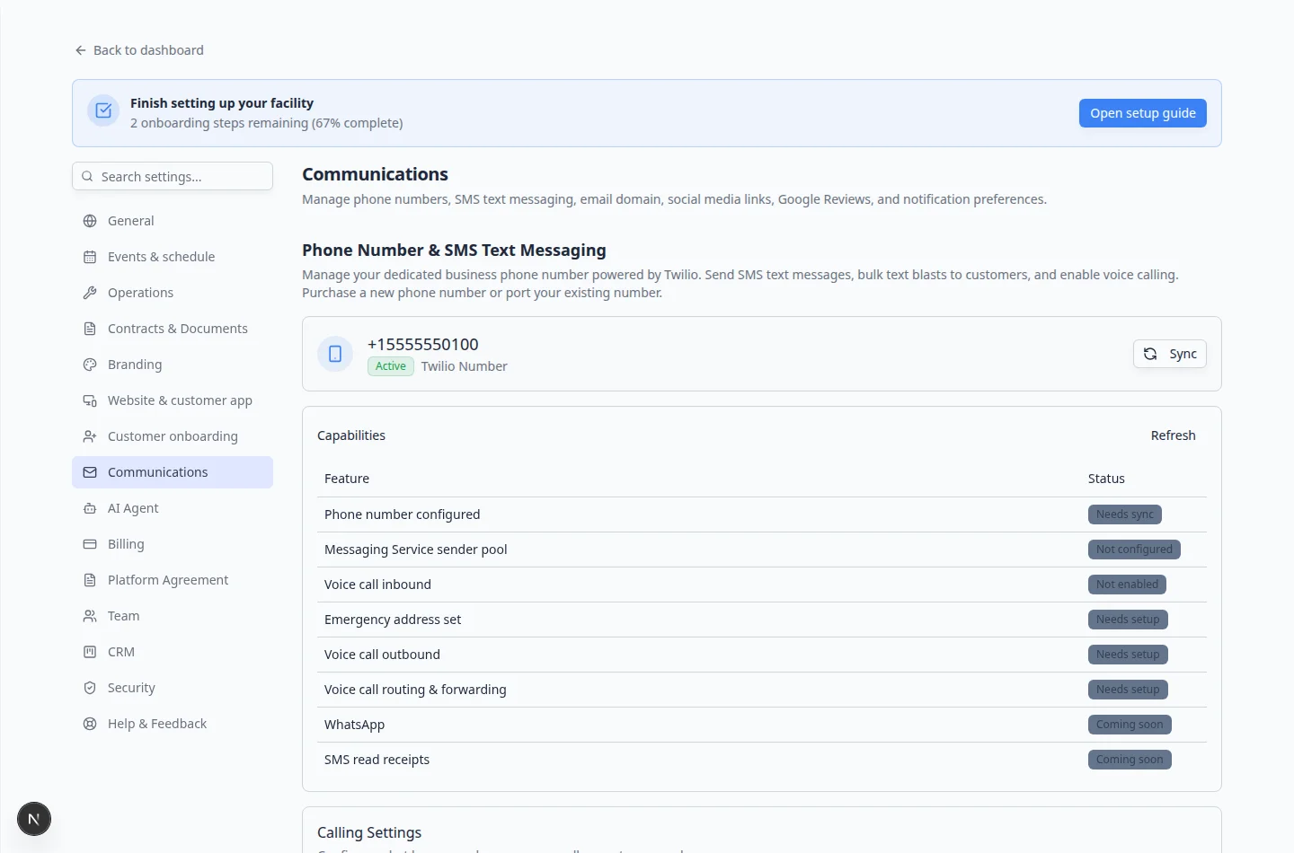 Communications settings focused on the Phone Number and SMS Text Messaging section