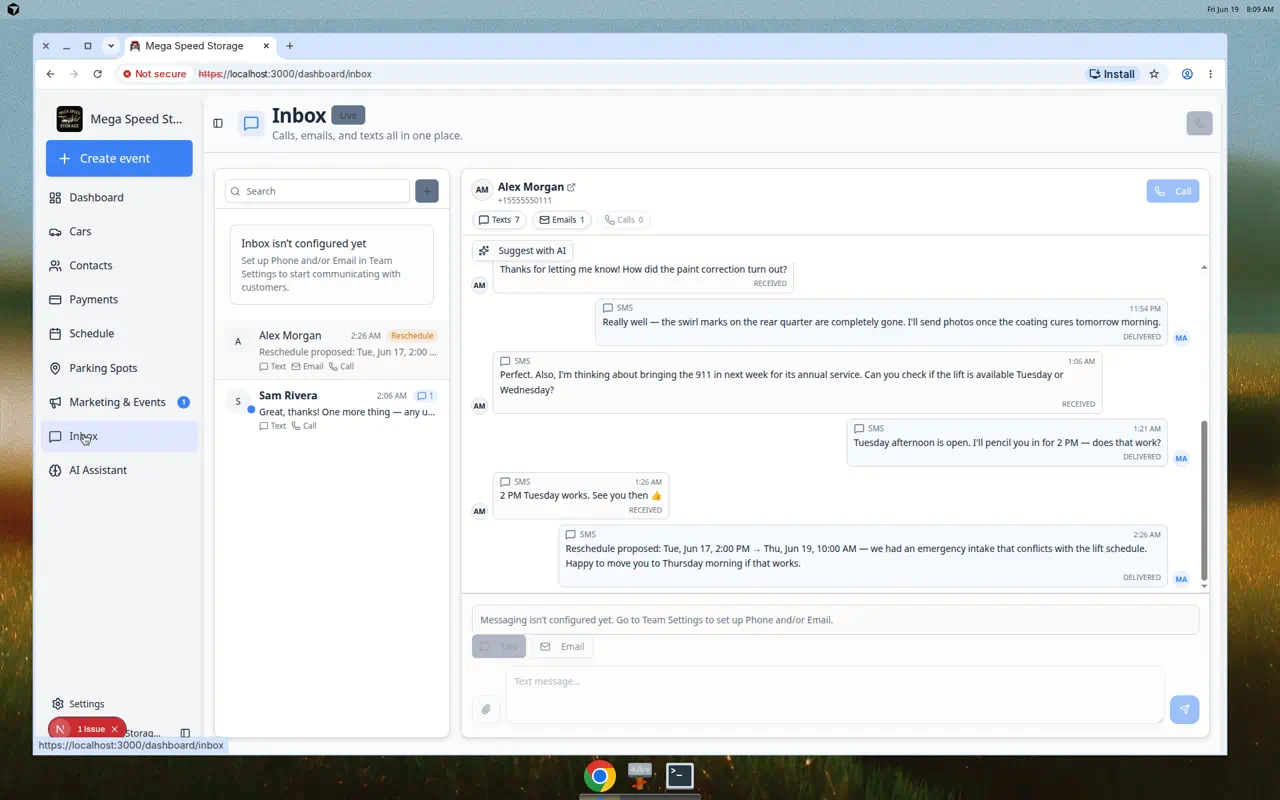 Inbox showing Alex Morgan selected with text messages, an email, and call activity in the timeline