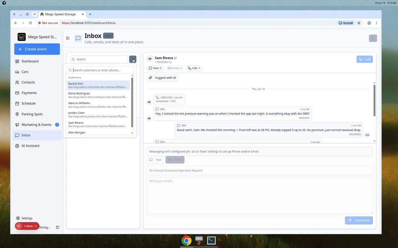 Inbox new conversation search showing a customer search for Sam Rivera