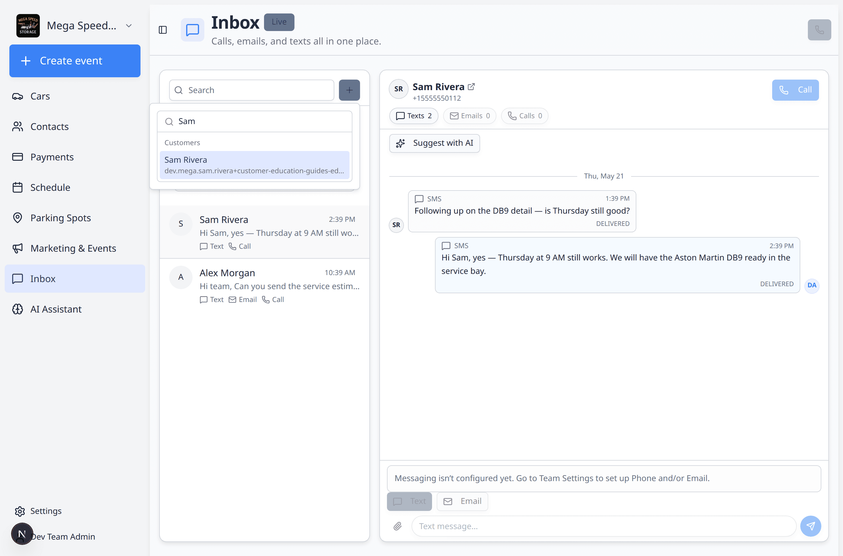 Inbox new conversation search showing a customer search for Sam Rivera