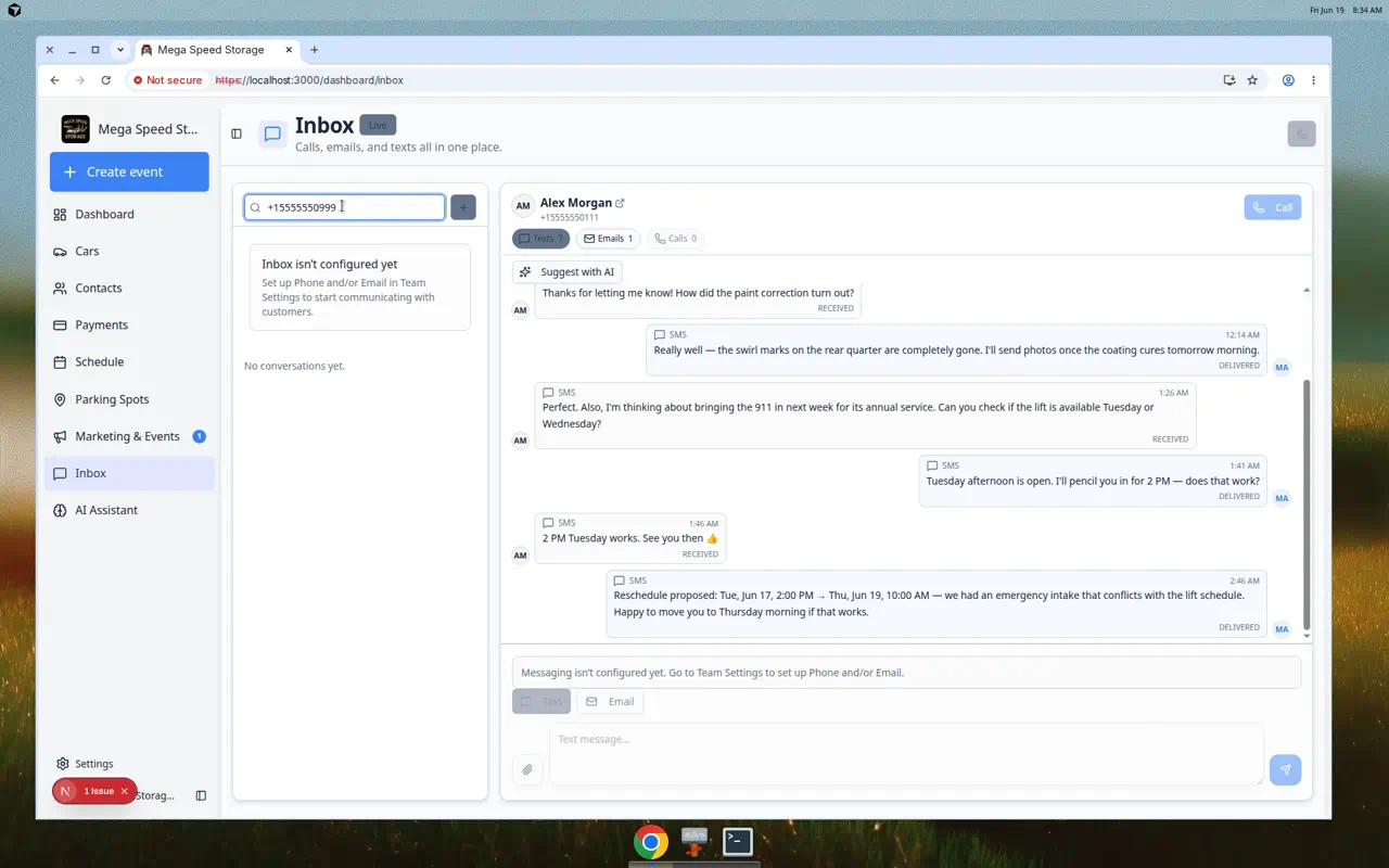 Inbox new conversation search showing a New number option for an unsaved phone number with Not a saved contact