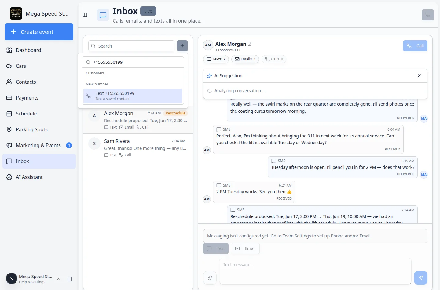 Inbox new conversation search showing a New number option for an unsaved phone number with Not a saved contact