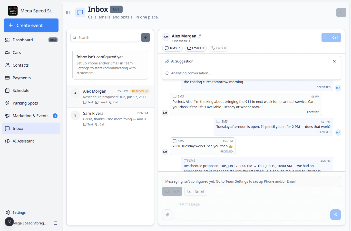 Inbox timeline showing outbound text messages with team member initials on sent messages
