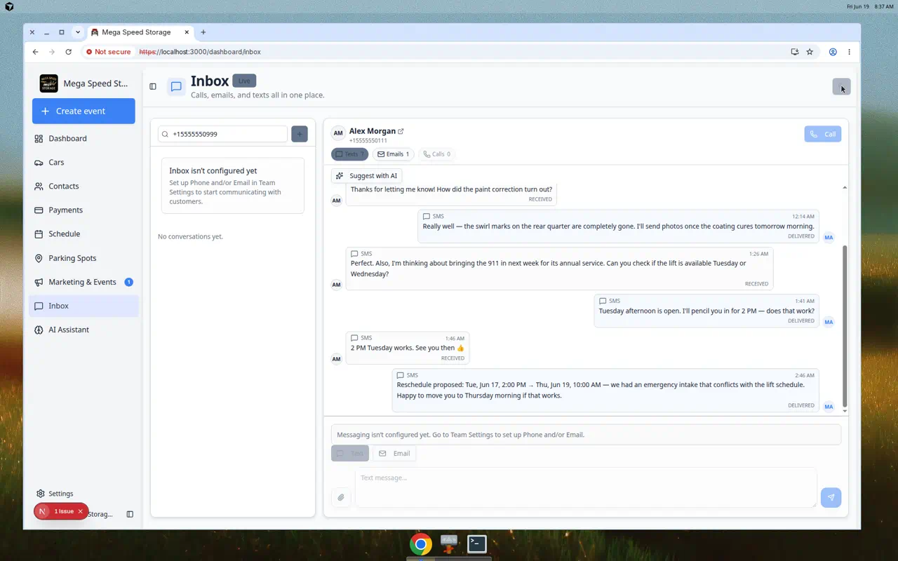 Quick call dialog in Inbox with a phone number typed, a numeric dial pad, and a Call button