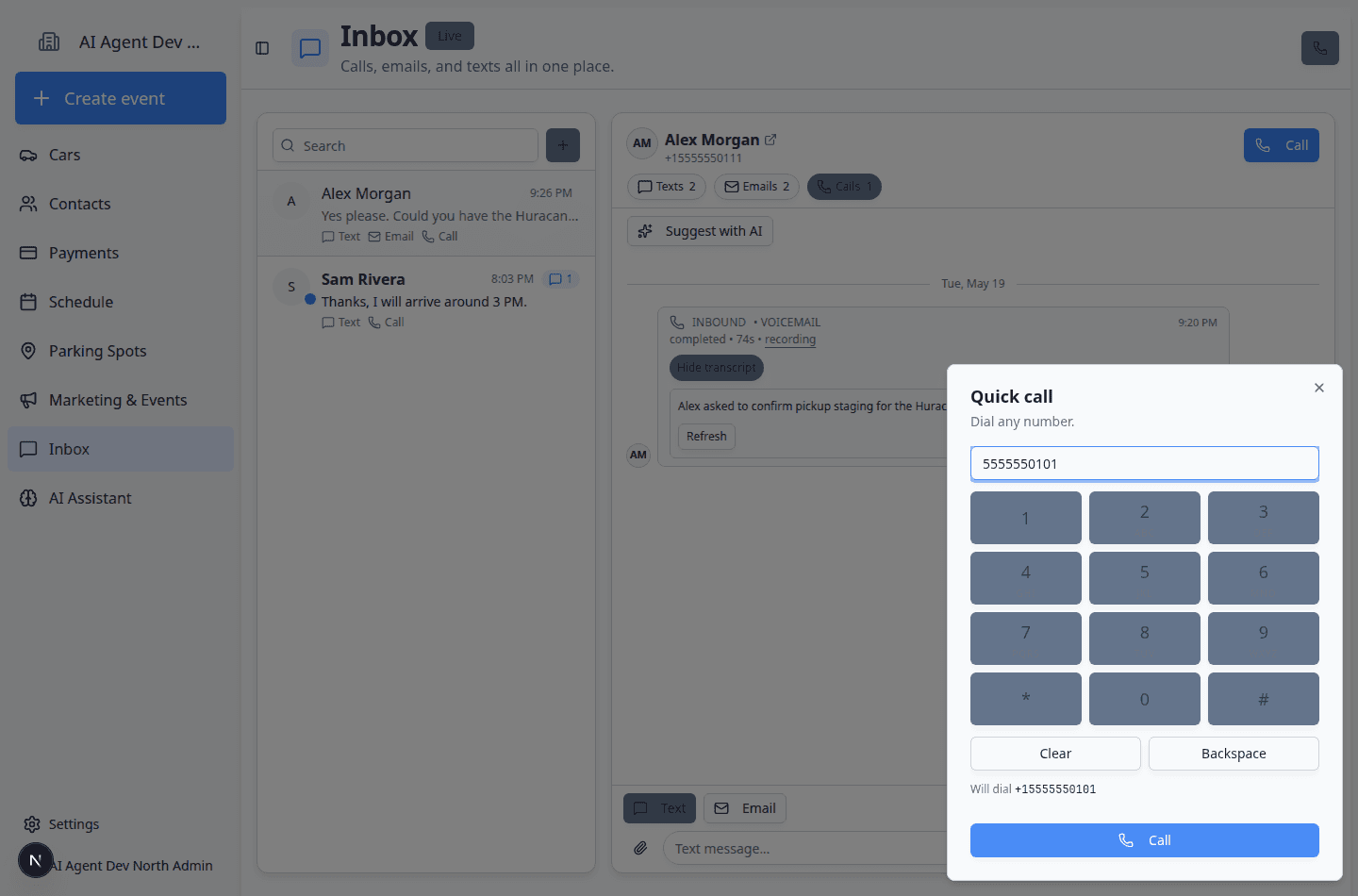 Quick call dialog in Inbox with a phone number typed and a Call button