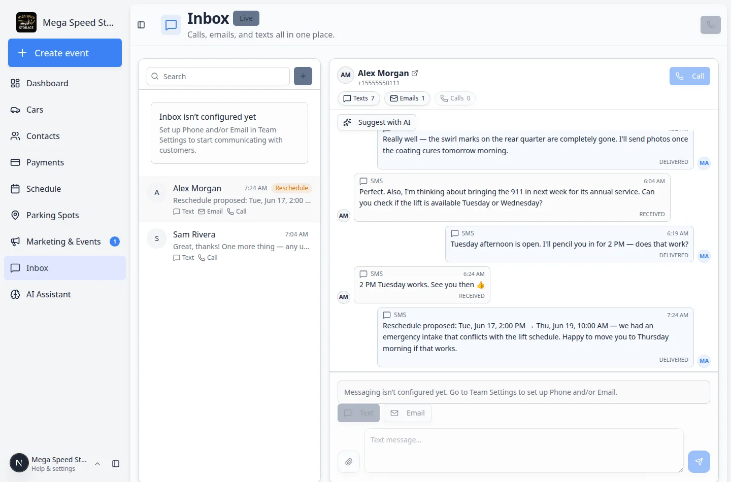 Quick call dialog in Inbox with a phone number typed, a numeric dial pad, and a Call button