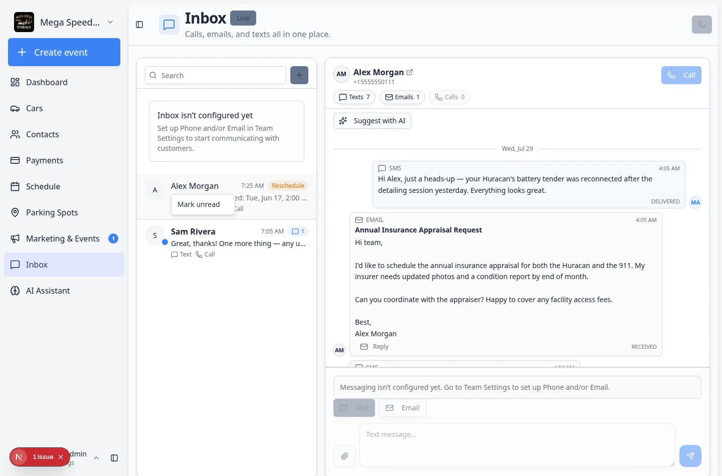 Inbox conversation with Alex Morgan selected showing a Reschedule proposed text message with old and new appointment times