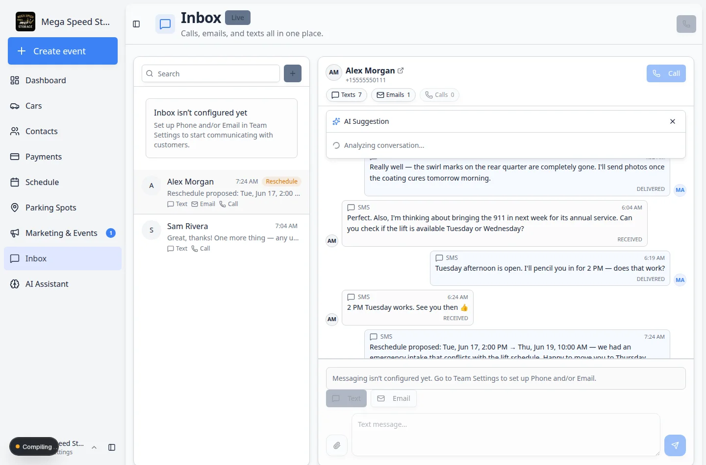 Inbox conversation header showing the Suggest with AI button with a sparkle icon above the message timeline